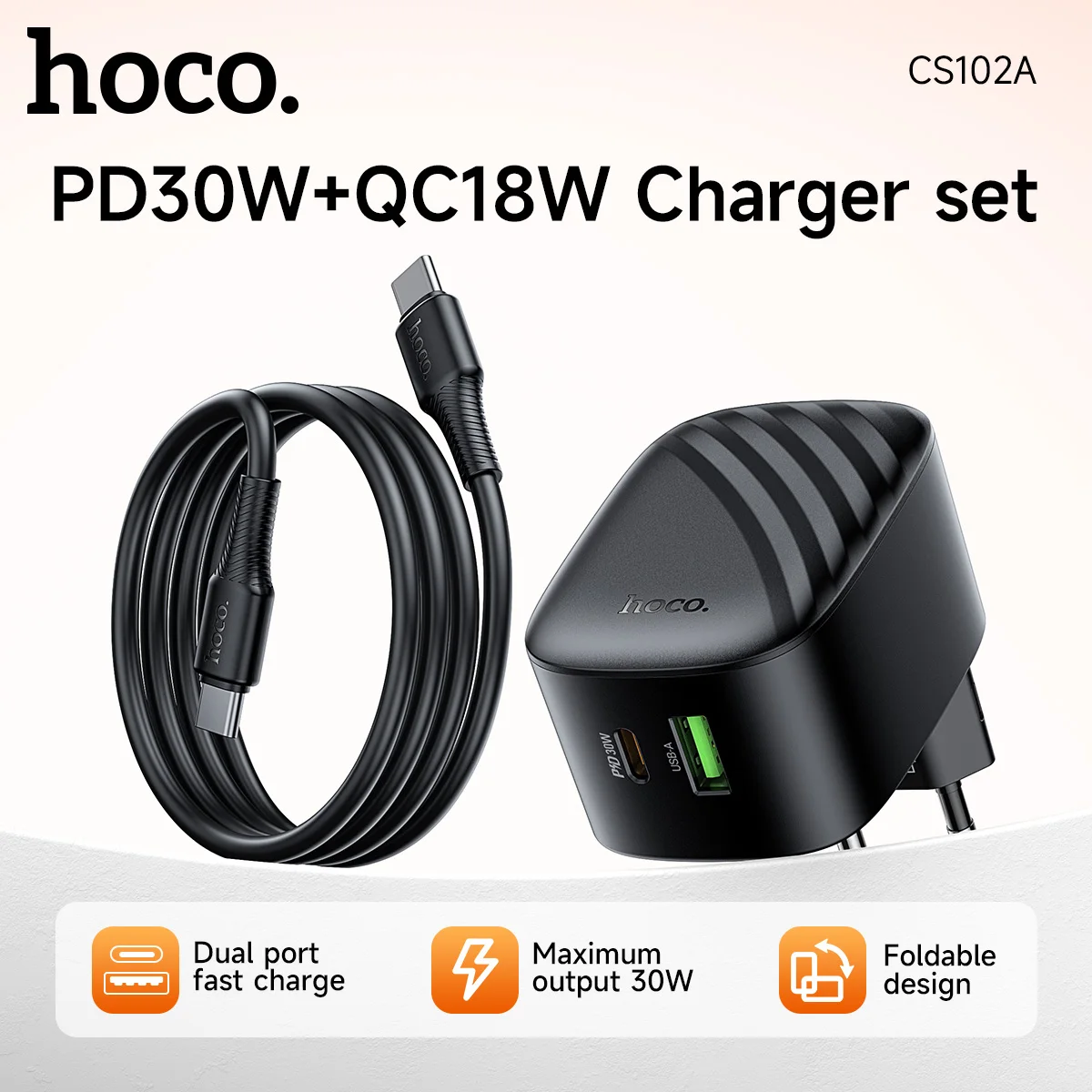 Фото Зарядное устройство HOCO EU PD30W с откидным штекером для быстрой зарядки телефонов iPhone 17 16 Pro Max, USB-C, QC3.0, адаптер быстрой зарядки для Samsung №1