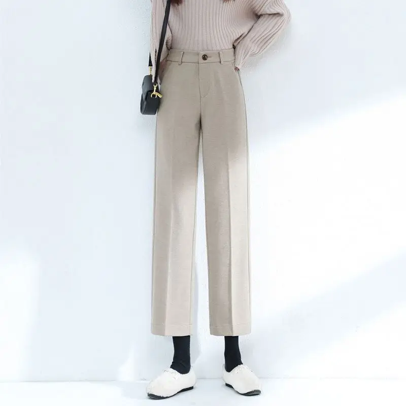 

Women Spring Autumn Korean Vintage High Waist Wool Wide Leg Trousers Female Fashion Loose Office Ladies Ankle-Length Pants A74