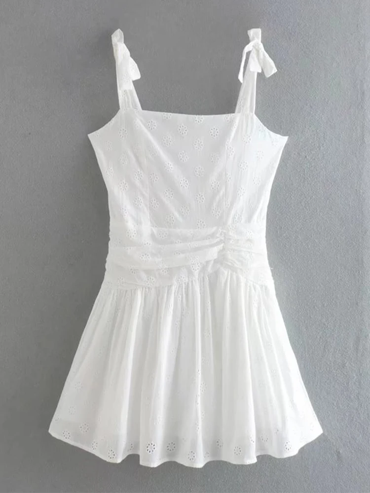 

2022 Fashion Women Spaghetti Strap Draped Floral White Dress Ladies Party Mini Vestido Summer Dress