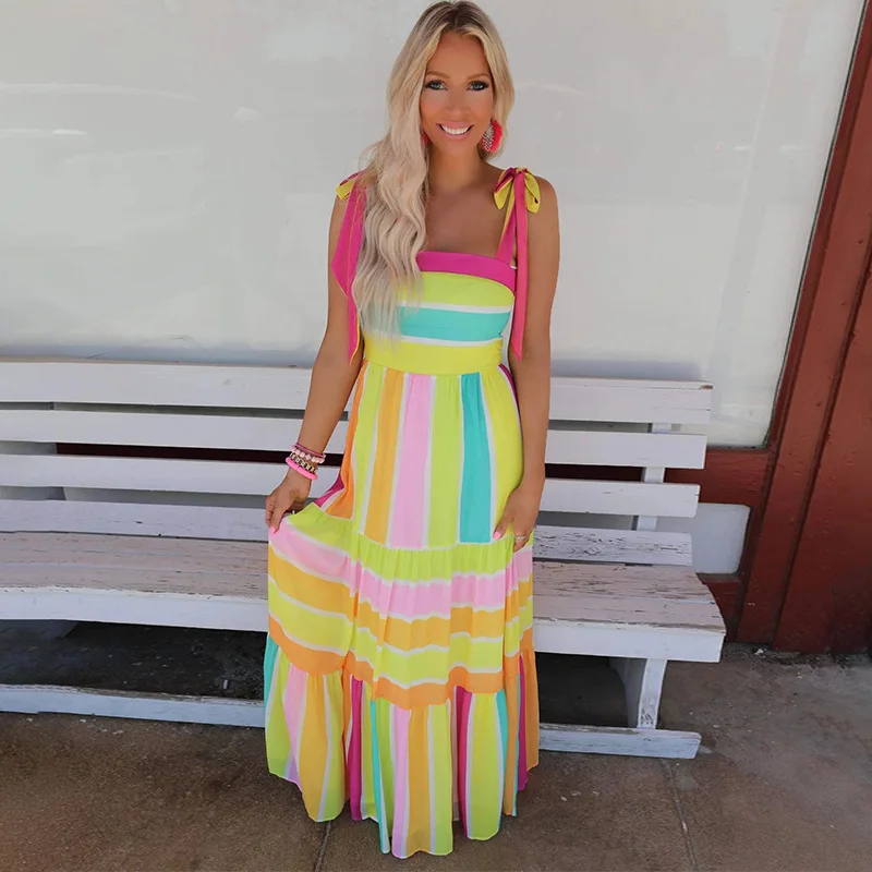 

Модное Длинное Платье в разноцветную полоску с бантом на плече без рукавов