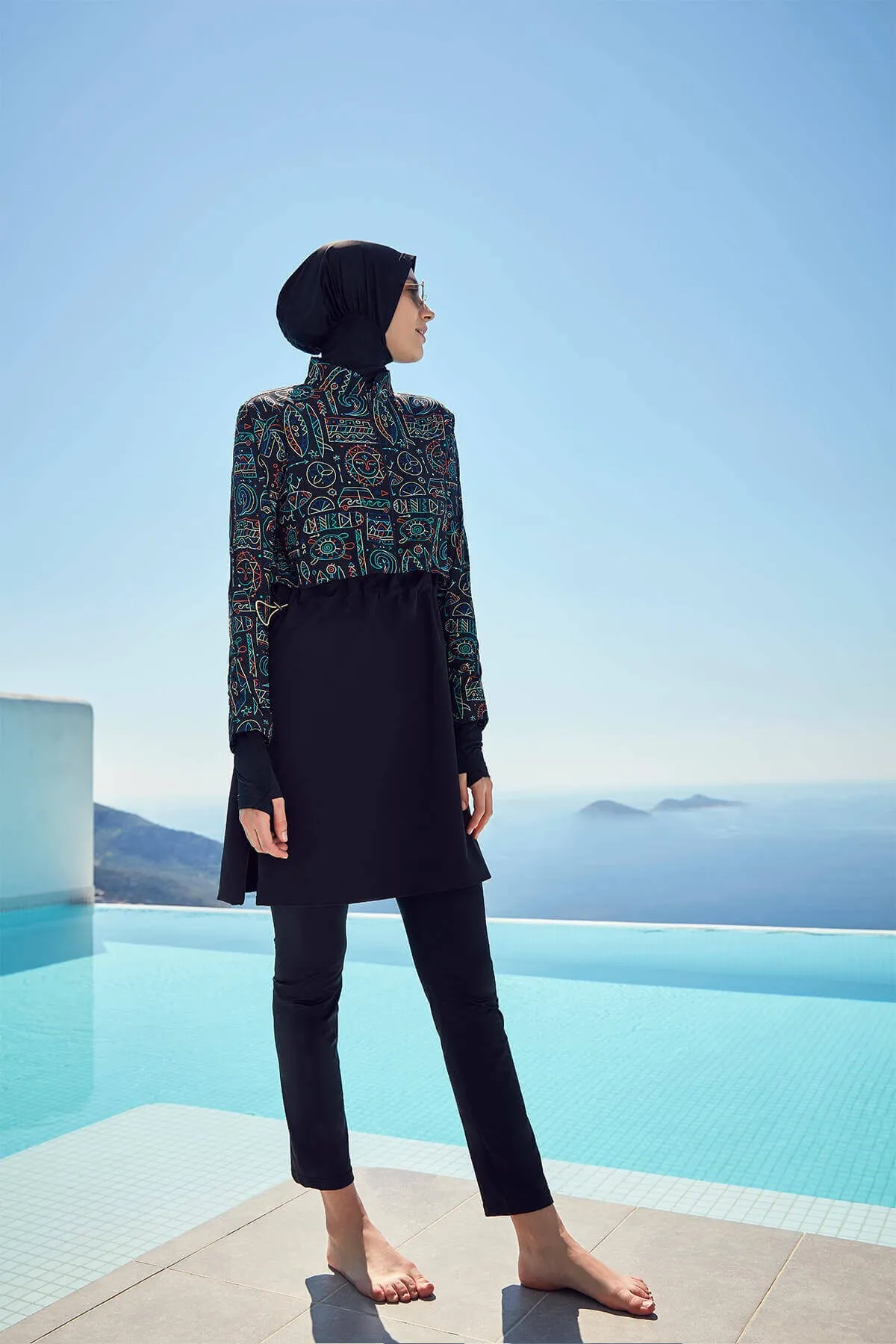 

Muslim Women's Islamic Swimwear Holiday Theme Patterned Black 4 Pieces Veiling Burkini Made in TurkeyGreen Hijab Swimsuit