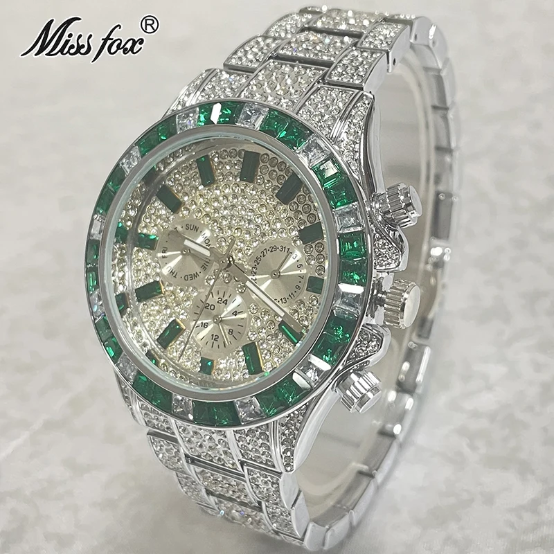 

Luxury Brand MISSFOX Sliver Green Watches Men Fashion Iced Out Hip Hop Waterproof Watch Diamond Jewelry Clocks Male Reloj Hombre