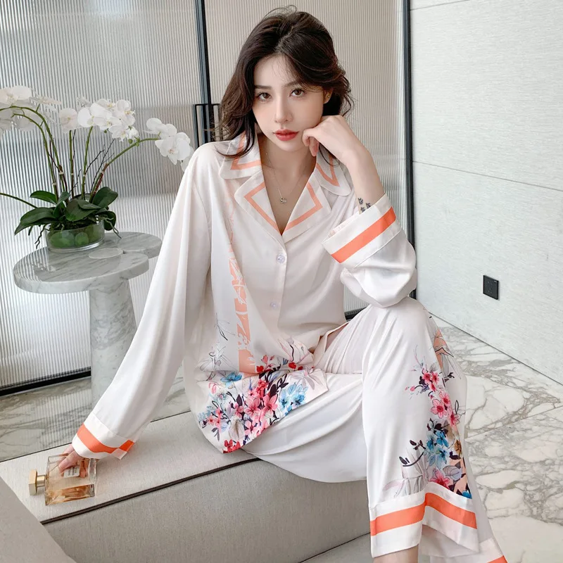 Pajamas Women's Ice Silk Long Sleeve Printed Home Fur Spring and Autumn Thin Imitation Silk Large Set