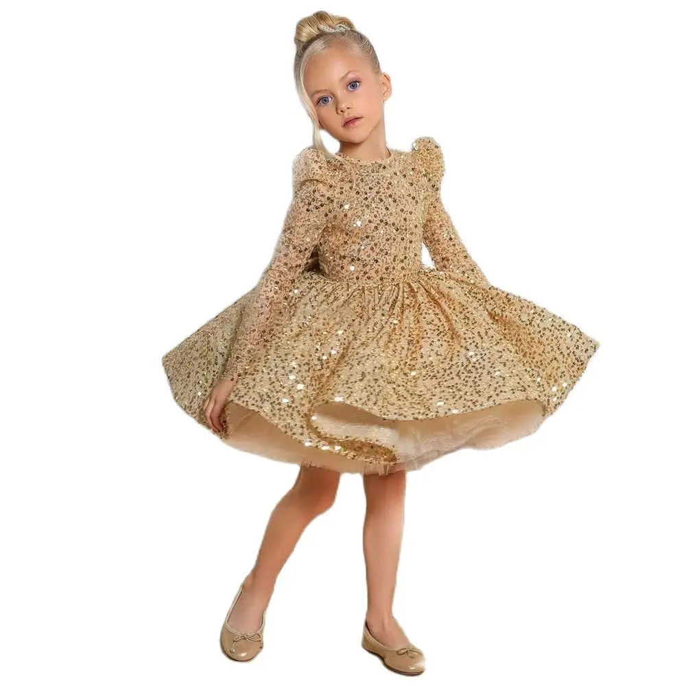 

Golden Luxurious Flower Girl Party Dresses Elegant Fluffy Princess Dress Children Layer Lush Birthday Wedding Evening 1y-14y