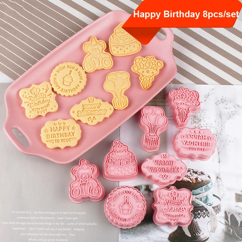 

8 шт./компл., резак для печенья на день рождения, Пластиковая форма для печенья, 3D прессованная печать, форма для печенья, инструменты для укра...