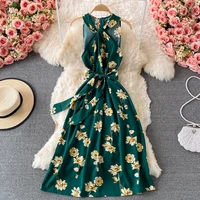womens sleeveless waist floral halter neck off shoulder dress korean fashion robes female vestidos sling mixi dresses summer