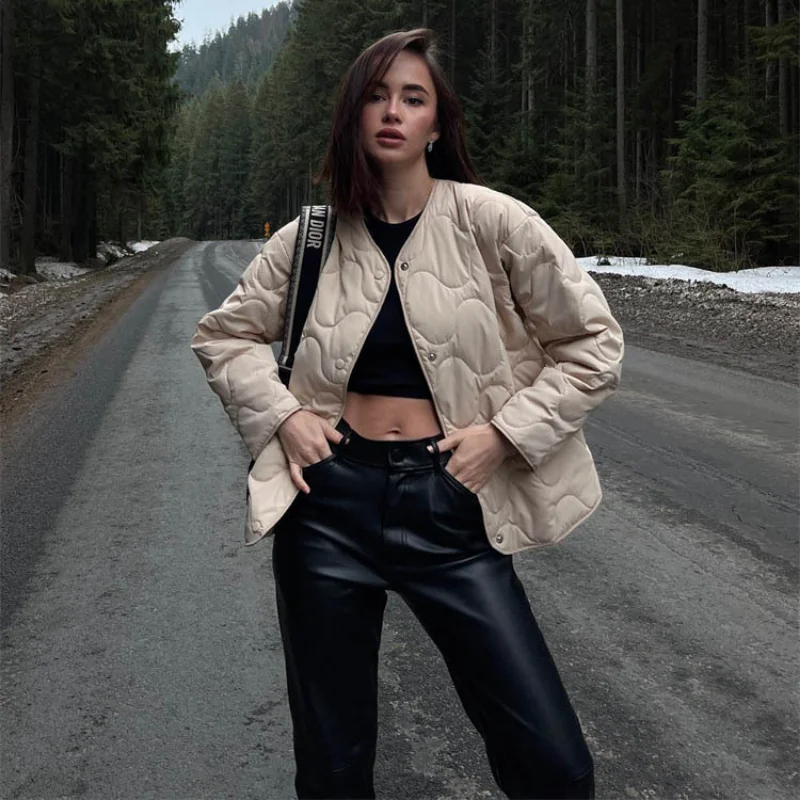 Women's Solid Short Pocket Round Collar Cotton Clothes Casual Loose Temperament Single Breasted Jacket Winter Warm Jacket