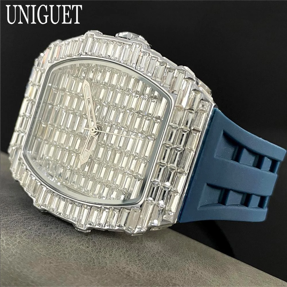 Фото 2024, новые мужские часы со льдом, бренд UNIGUET, кварцевые часы из люксистой стали, хип-хоп, багет, бриллиантовые наручные часы Tonneau, мужские дропшиппинг №1