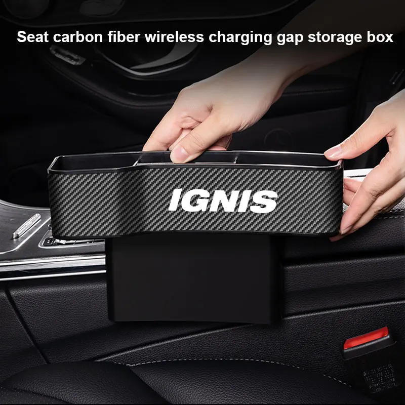 

Car Carbon Fiber Seat Gap Filler Organizer With Cup Holder With Wireless Charging For Suzuki Ignis car Accessories