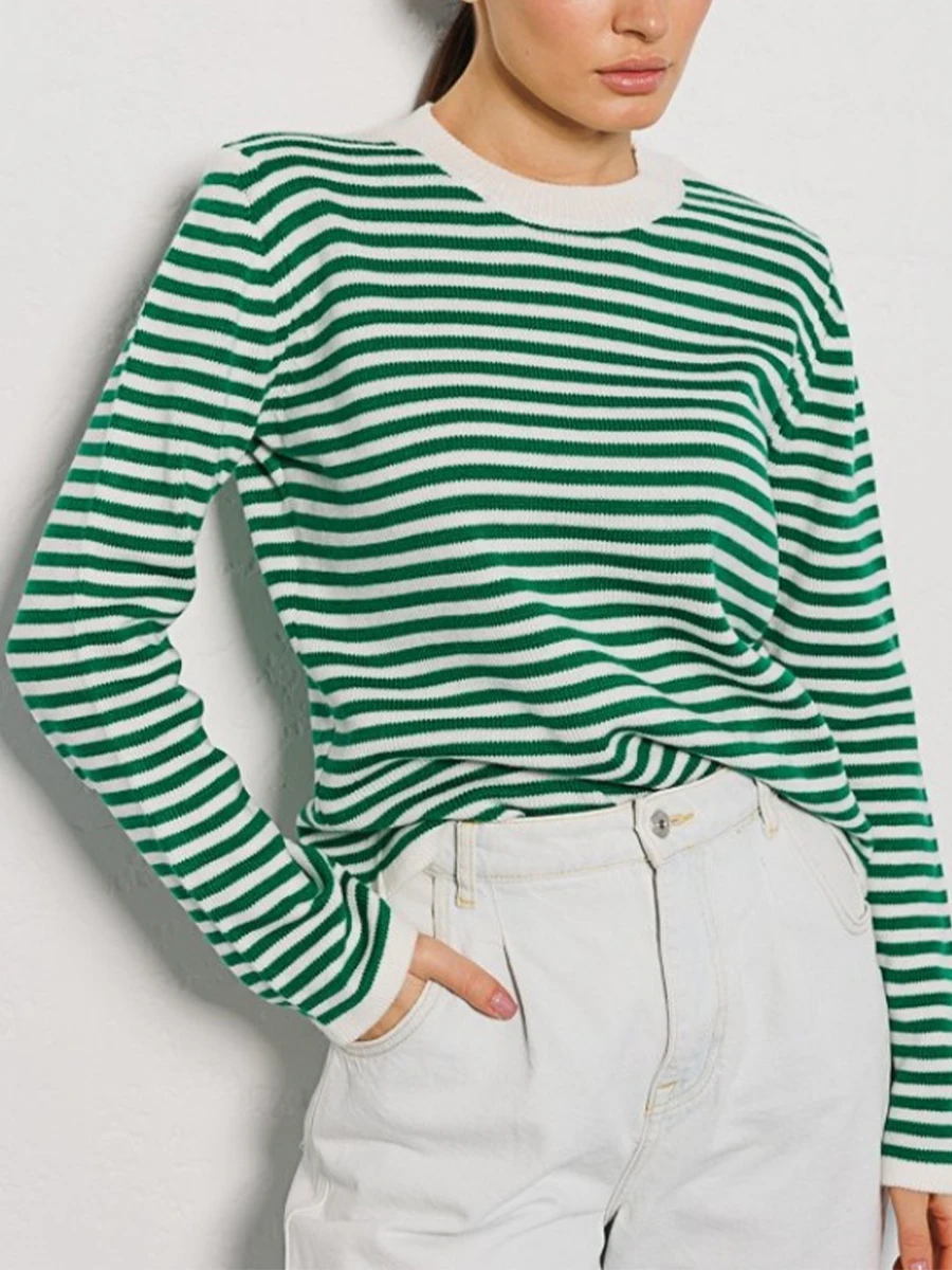 

Женский полосатый свитер Y2K, вязаный пуловер с круглым вырезом и длинным рукавом, винтажный эстетический свитер в стиле преппи для девочек-подростков
