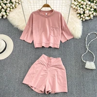 women summer 100 cotton loose sets 2022 new pink gray casual two pieces short sleeve t shirts and high waist short pants suits