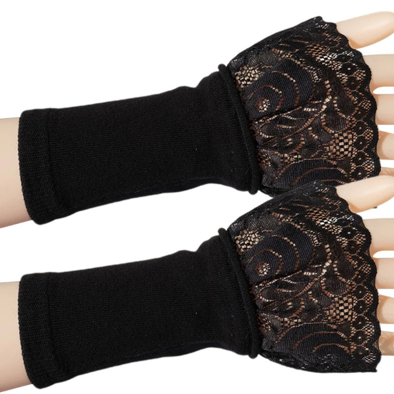 

Half Finger Gloves with Lace Cuffs Knitted Winter Solid Color Soft Wrist Cover Cycling Office Typing Touchscreen Gloves