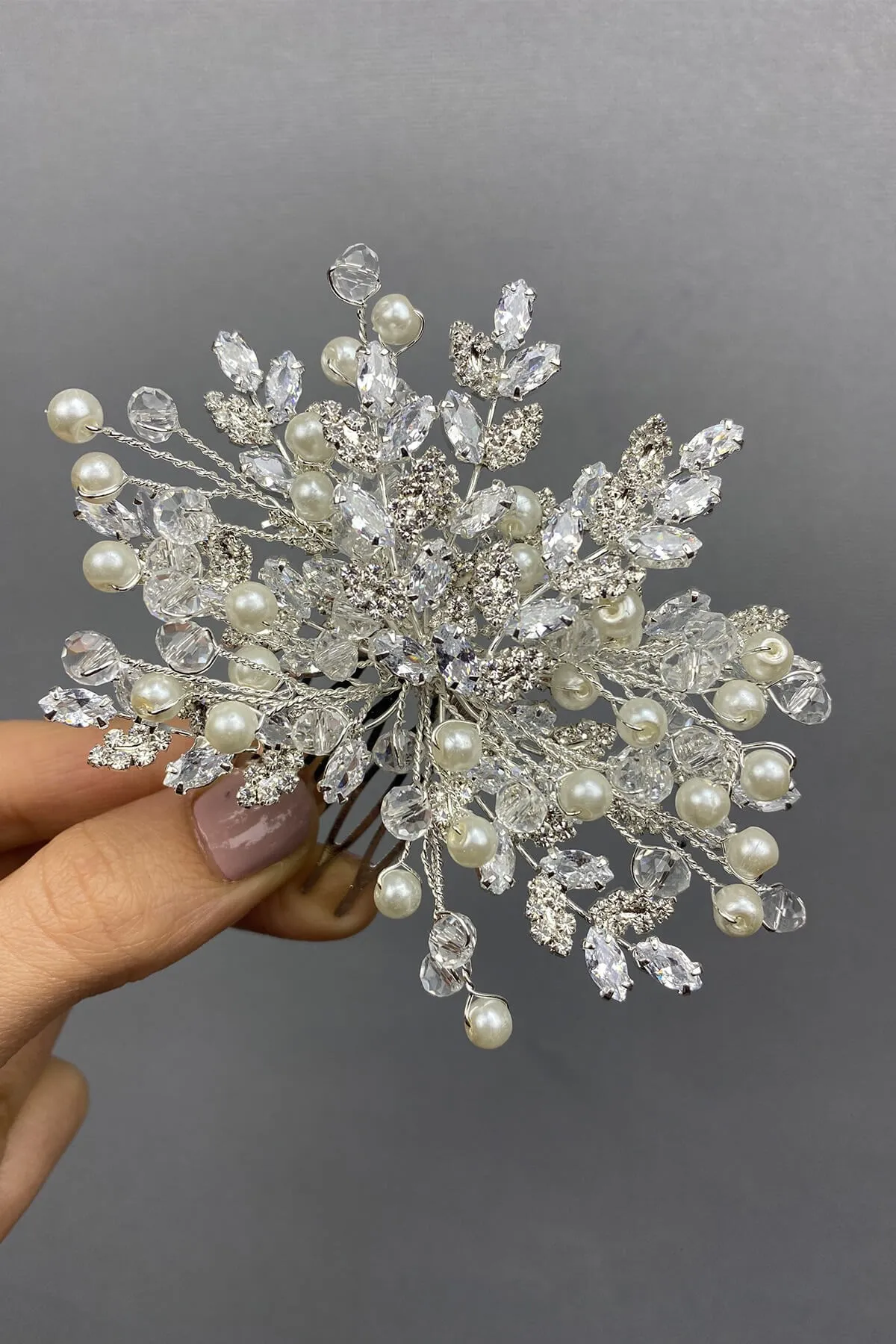 

Bridal Hair Accessory with Pearl Zircon Stone and Elena Comb