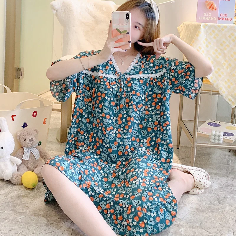 Sweet Nightgowns for Women Cute Sleepshirts V Neck Lace Trim Short Sleeve Sleepwear Soft Comfy Sleep Nightshirt Pajama Dresses