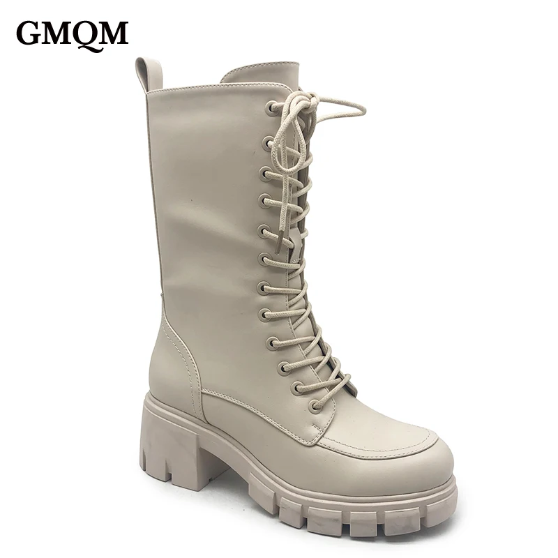 

GMQM Women Mid Calf Boots Autumn Platform Fashion Lace-up Chelsea Zipper Shoes Ankle Boots Thick Sole Round Toe Motorcyle Boots