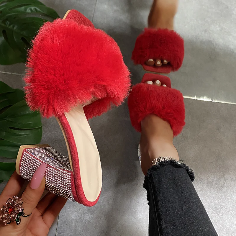 

Fluffy Fashion Slides Summer Sexy Square Toe Furry Slippers Ladies Sandals Fashion Design Clear Perspex Heels Women Mules Shoes