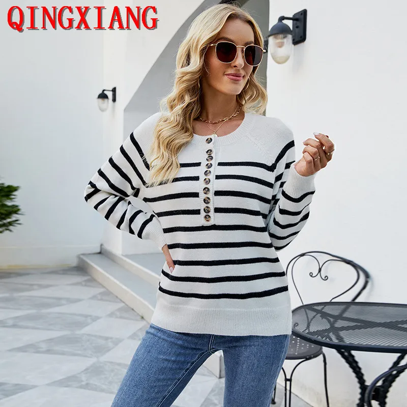 4 Colors 2023 Women Knitted Spring Autumn Fashion Neck Button Loose Knitwear Long Sleeves Striped Casual Pullover Sweater