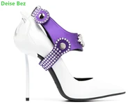 white pointed toe flower heel pumps rhinestone ankle strap 2022 new fashion women shoes stiletto shallow elegant female footwear