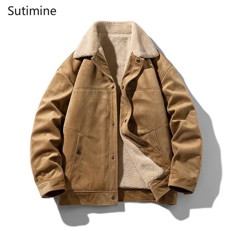 Coat Men Winter Korean Button Fashion Lapel Cotton Padded Clothes Thickened Plush Loose Casual Pockets  Men Clothing