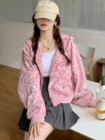 zip up hoodie long sleeve oversized hooded sweatshirts pink leopard print short cardigan jacket kawaii hoodies women y2k clothes