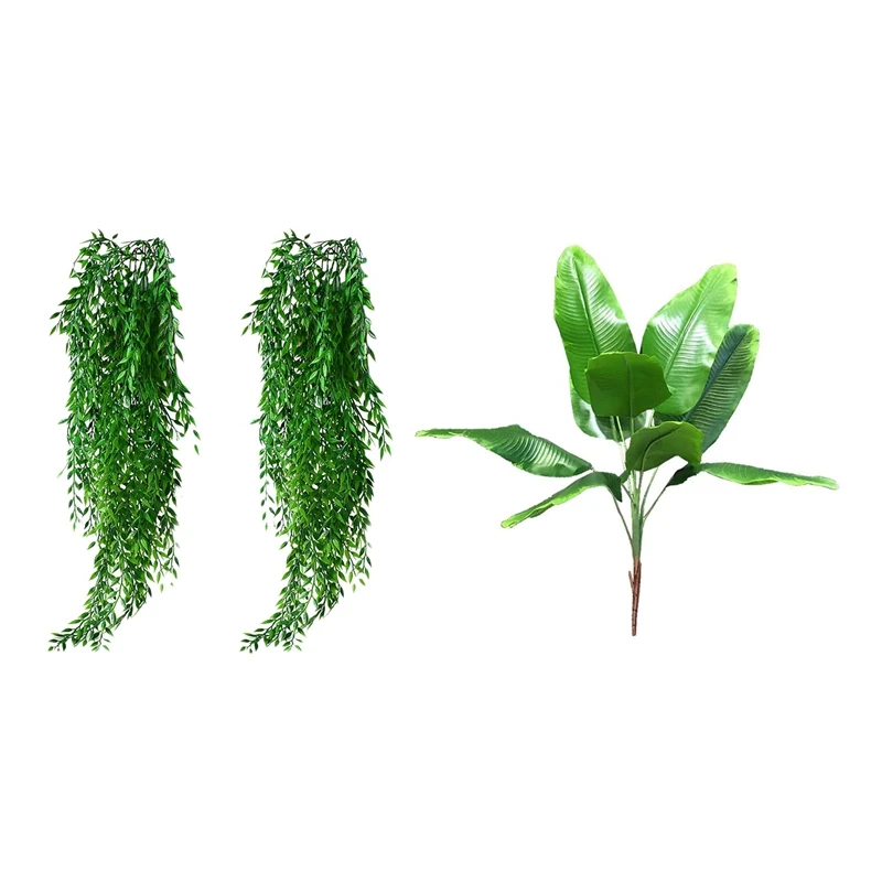 

LBER 2Pcs Artificial Hanging Plants Garland Fake Willow Leaves Ivy & 1Pcs Artificial Plants Tropical Leaves Faux Palm Leaf