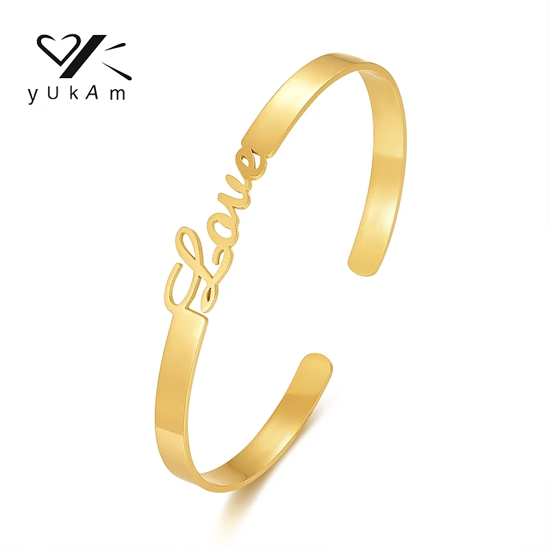 YUKAM Broad Side Open Bangle Bracelet Custom Gold Bracelets Letter Customizable Ladies Customized Gift Name Sister Gifts Steel