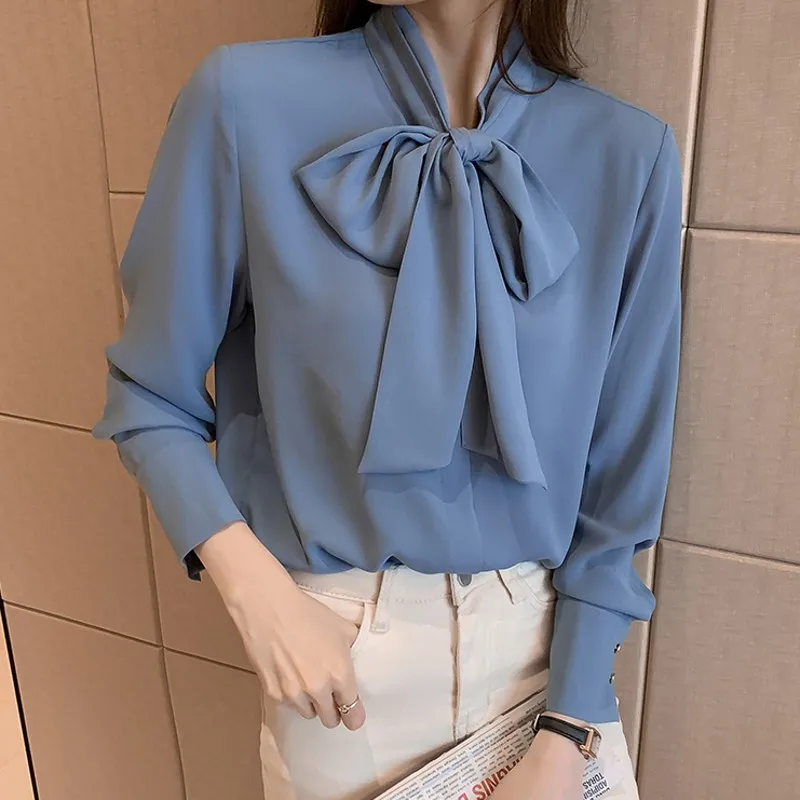 

2022 Spring Autumn Office Lady Blouse Female Shirt Bow Tops Long Sleeve Casual Korean OL Style Loose Blouses