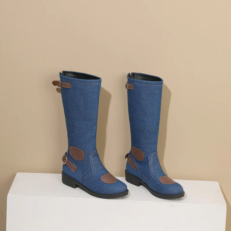 

Женские джинсовые сапоги на платформе, сапоги на высоком каблуке, с пряжкой и круглым носком, на молнии сзади, 2023