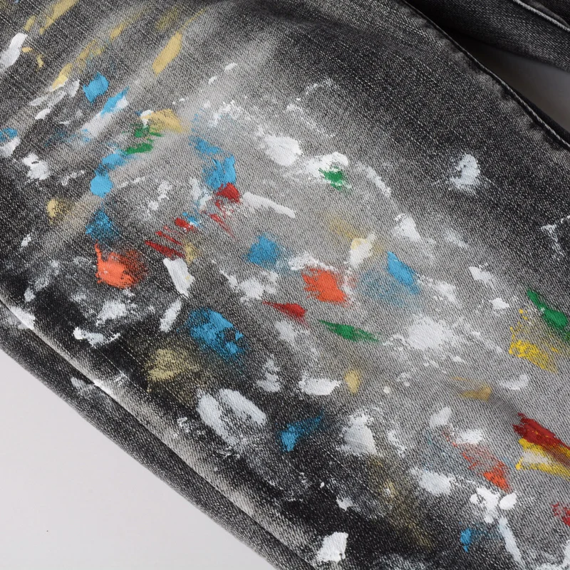 High Street Fashion Men Jeans Retro Black Gray Stretch Skinny Fit Ripped Jeans Men Painted Designer Hip Hop Brand Pants Hombre