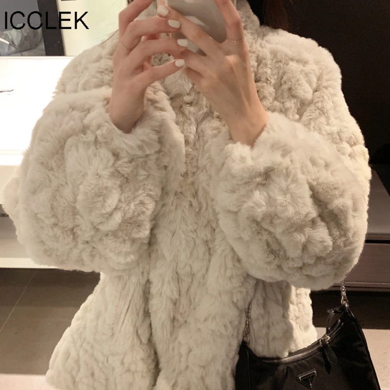 ICCLEK 2020 winter new Korean imitation Rex rabbit fur coat medium long thickened Lantern Sleeve Lamb Fur grass Plush coat