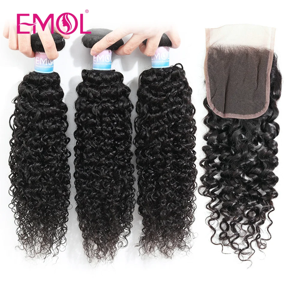 3/4 Pcs Human Hair Bundles With Closure Peruvian Hair Weave Kinky Curly Bundles With Closure 4*4 Lace Closure Hair Extensions