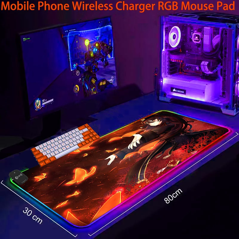 

Коврик для мыши Genshin Impact Hu Tao с беспроводной зарядкой, RGB, игровые коврики со светодиодной подсветкой, коврик XXL, светящиеся аксессуары для ПК, ...