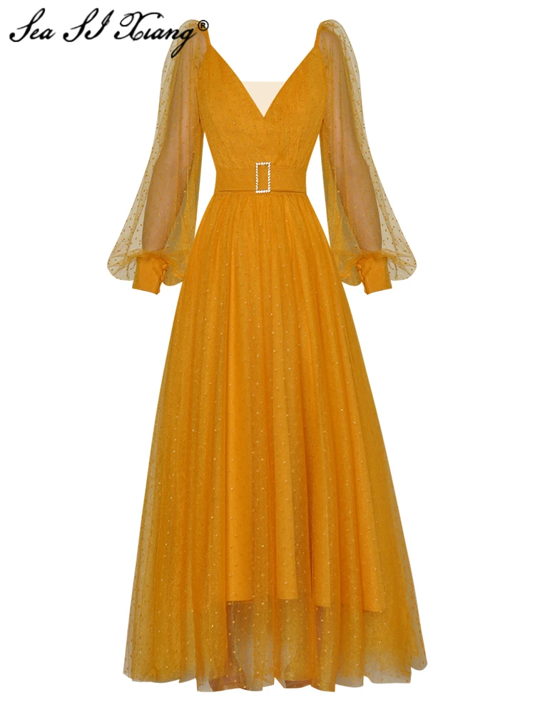 

Женское Сетчатое платье в горошек Seasixiang, дизайнерское Элегантное Длинное платье с глубоким V-образным вырезом, рукавами-фонариками и поясом с кристаллами, весна-лето