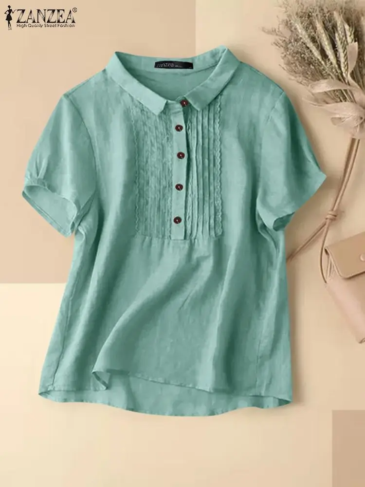 

Модная Повседневная Свободная плиссированная Праздничная рубашка ZANZEA большого размера 2022, летняя женская блузка, блузки с коротким рукаво...