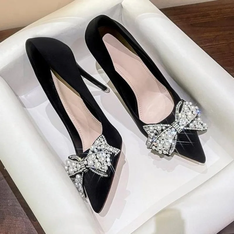 

New Woman Pearl Bow Pumps Luxury Designer Metal Pointed Stiletto Shallow Mouth Single Shoes High Heels Women Black Party Shoes