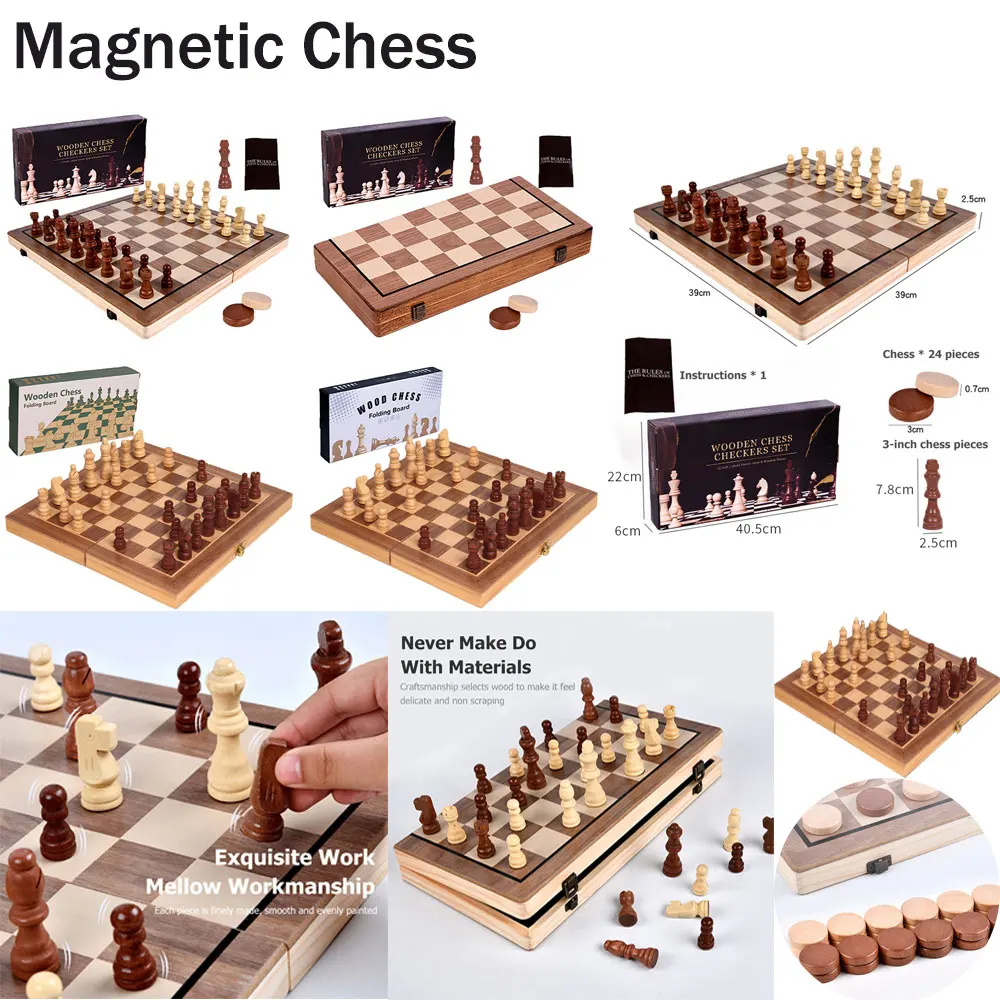 

2 In 1Wooden Chess Set Fold Magnetic Large Board Game Handmade Interior Felt for Storage Portable Travel Board Game Set for Kids