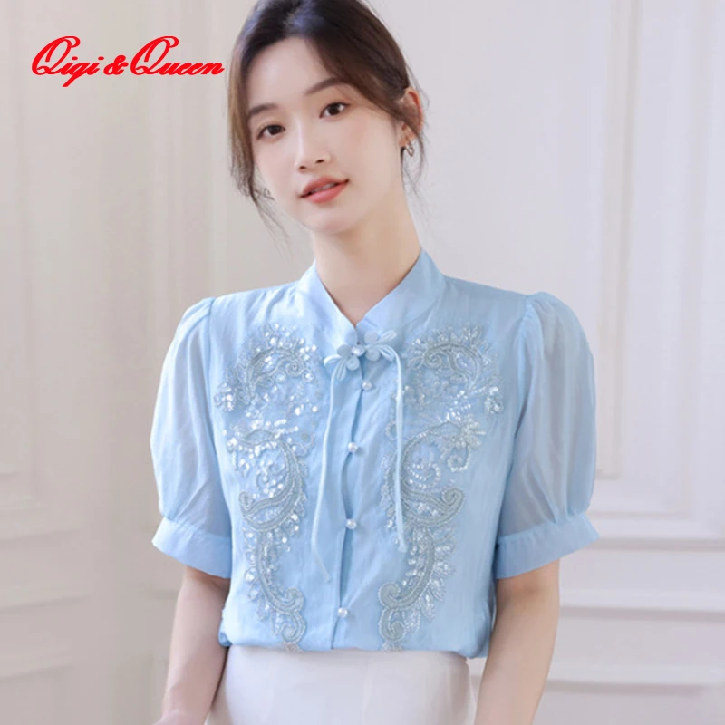 Qiqi&queen 2023 Summer Sequined Diamond Loose Chiffon Blouse Korean Style Casual Stand Neck Tops Wmens Elegant OL Tooling Shirt
