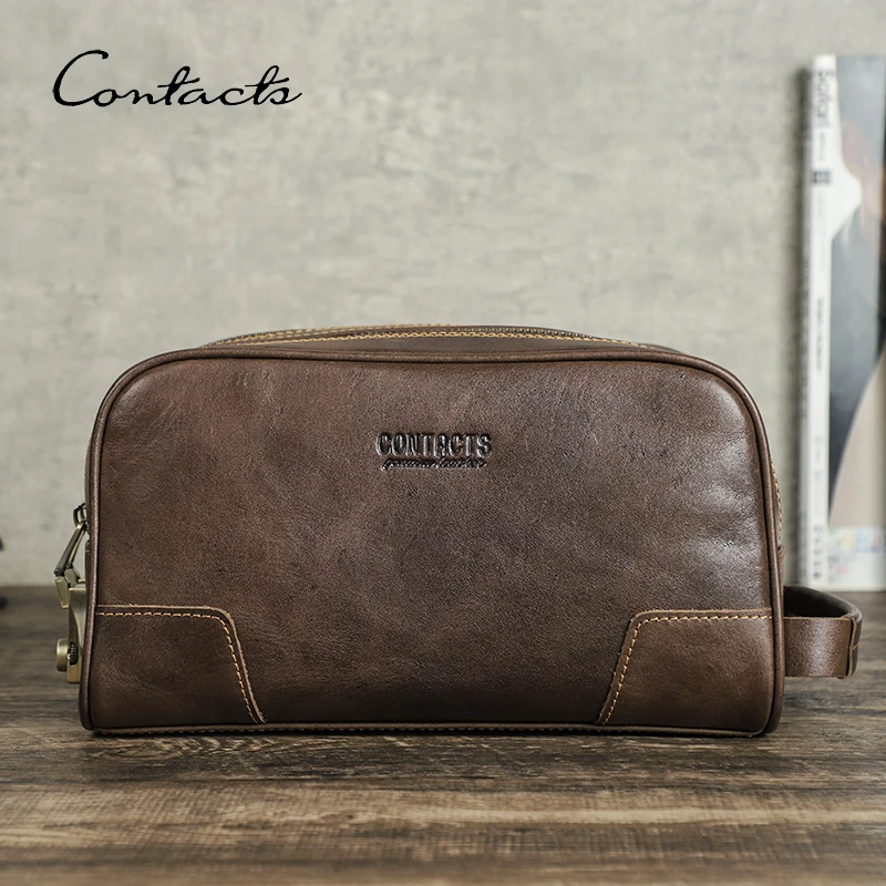 CONTACT'S Genuine Leather Clutch Bags for Men Retro Double Locks Luxury Designer Men Clutches Wallet Zipper Casual Male Handbags