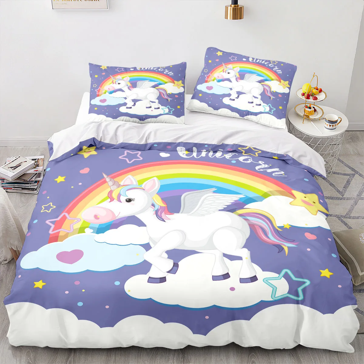 

Rainbow Colorful Unicorn Cute Bedding Set Romantic Theme for Kids Girls Polyester Comforter Cover Unicorn Duvet Cover Cartoon