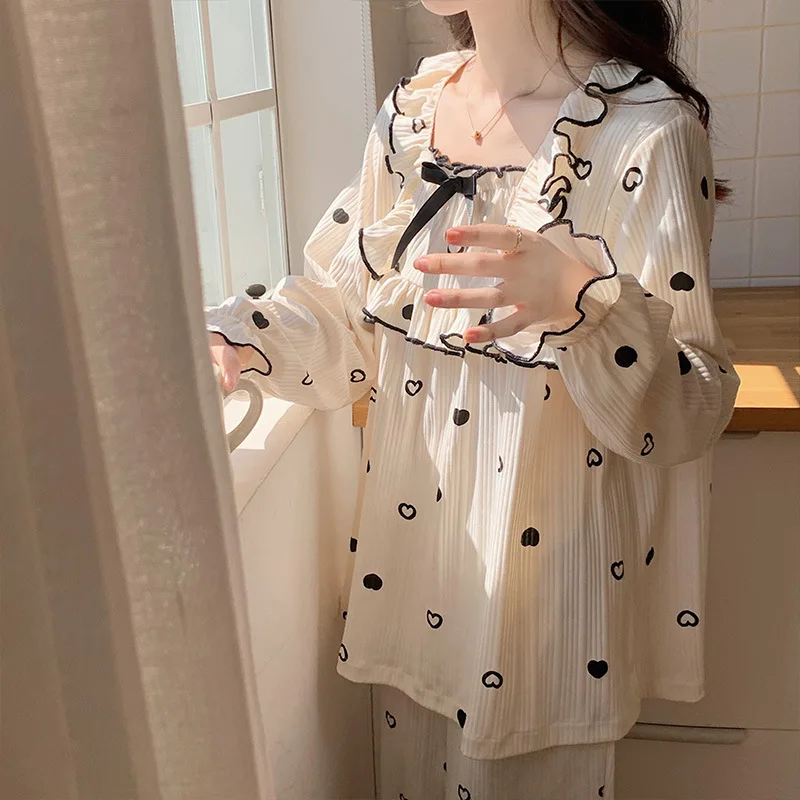 Yasuk Spring Autuum Fashion Women's Casual Sleepwear Homewear Lovely Sweet Girl Pajamas With Pants Soft Simple Heart Bow