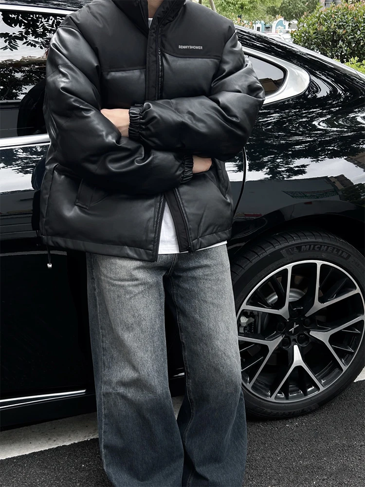 Мужской зимний пуховик из искусственной кожи с воротником-стойкой American-Sle модная