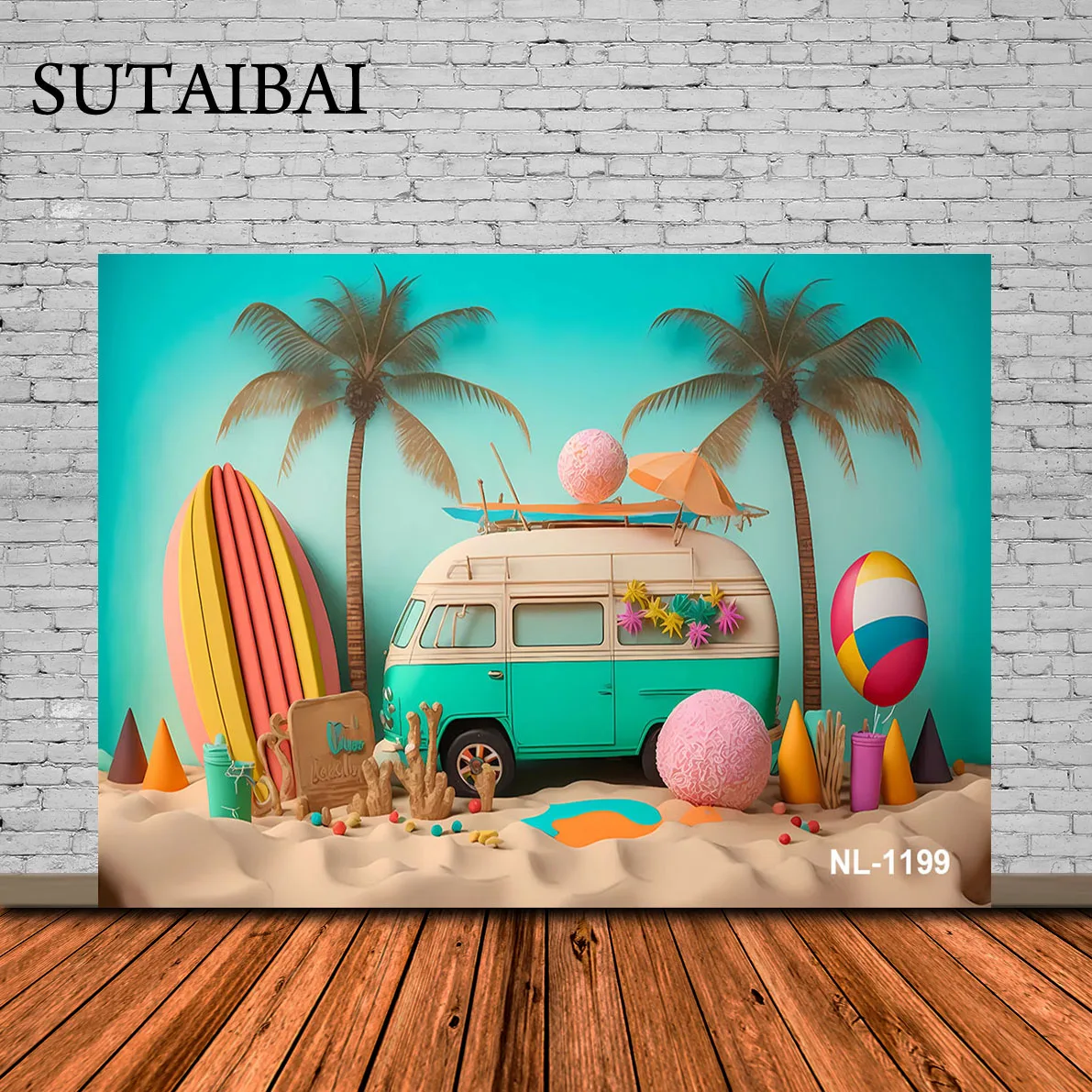 

Summer Tropical Beach Backdrop Blue Sky Palm Tree Surfboard Seaside Hawaii Scenery Baby Shower Wedding Photographic Background