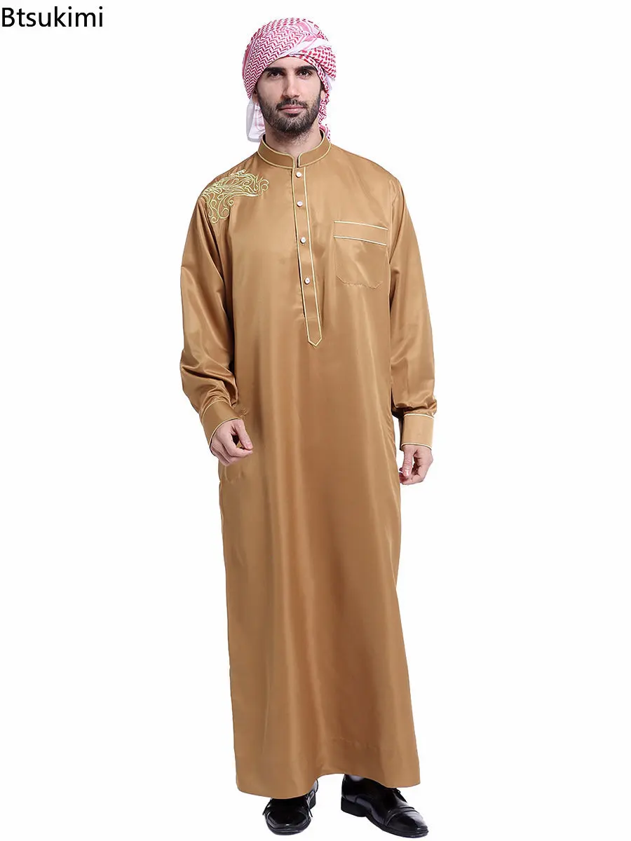 New Muslim Men Islamic Long Sleeves Ramadan Robe Stand Collar Embroidery Dubai Long Abaya Thobe Kaftan Thawb Costume Ethnic Robe
