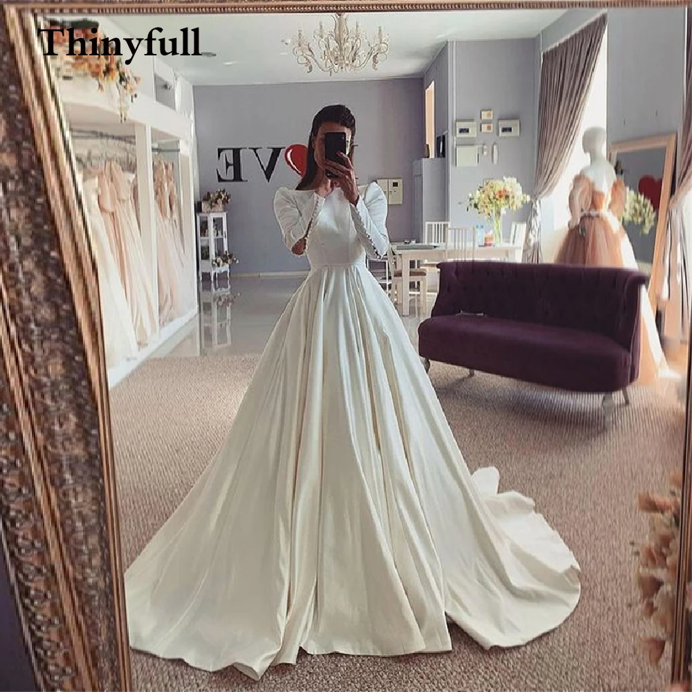 

Tinyfull Simple O Neck Satin A Line Long Sleeves Wedding Dress Button Long Princess Bride Bridal Marriage Gowns Dresses