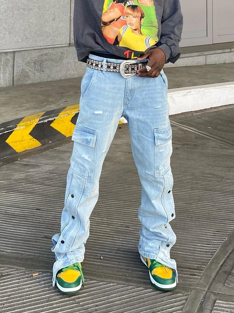 New Trendy Men's Cargo Pants Distressed Cotton Denim Trousers Pantalone Hombre Split Button Up Straight Blue Ripped Cargo Jeans