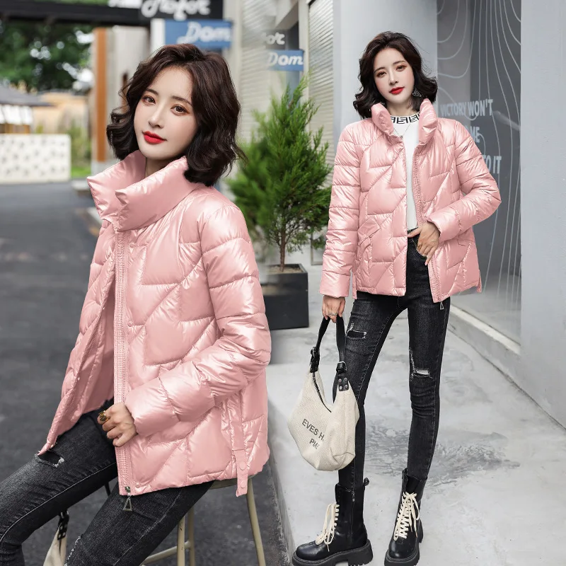 

Женская зимняя куртка, парки, Женские глянцевые пуховые хлопковые куртки, стоячий воротник, Повседневная теплая парка, короткое пальто, женская верхняя одежда