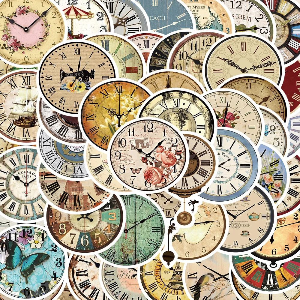 

10/30/50PCS New Trend Cartoon Vintage Clock Graffiti Helmet Cup DIY Waterproof PVC Handbook Sticker Wholesale of Personality Toy