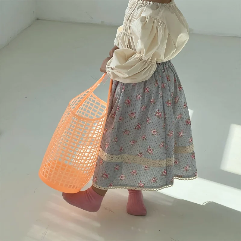 

2023 Весенняя Милая Кружевная Лоскутная юбка с цветочным принтом для маленьких девочек, детская повседневная универсальная длинная юбка