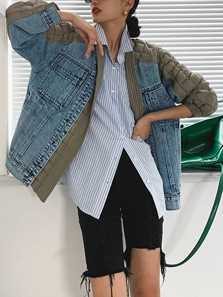 

2022 Winter Warm Down Jacket Women Lapel Long Sleeve Patchwork Denim Colorblock Cotton oversize overcoats Female Clothing H262