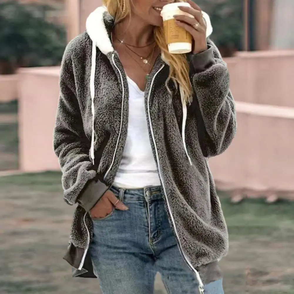 

Stylish Long-sleeved Plush Sweater for Women Cozy Hooded Plush Coat Stylish Autumn Winter Women's Jacket with Zipper Placket
